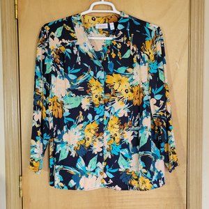💚D & Co XL Blouse Abstract Floral Button Up Long Sleeve